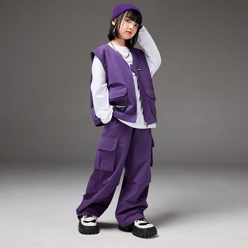 Trajes de baile de salón para niños y niñas, chaleco morado holgado + pantalones Cargo informales, 2 piezas, ropa de actuación de Jazz, traje de escenario Kpop