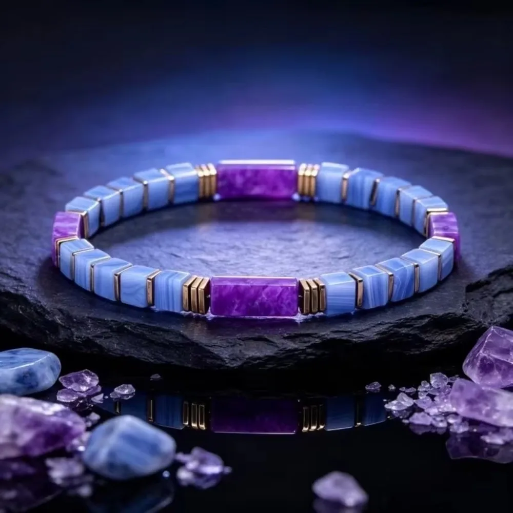 Natural Veined Simple Crystal Stone Bracelet Square Cut Polished Block Shape Stretch Beaded Bracelet Adjustable Rope Stackable