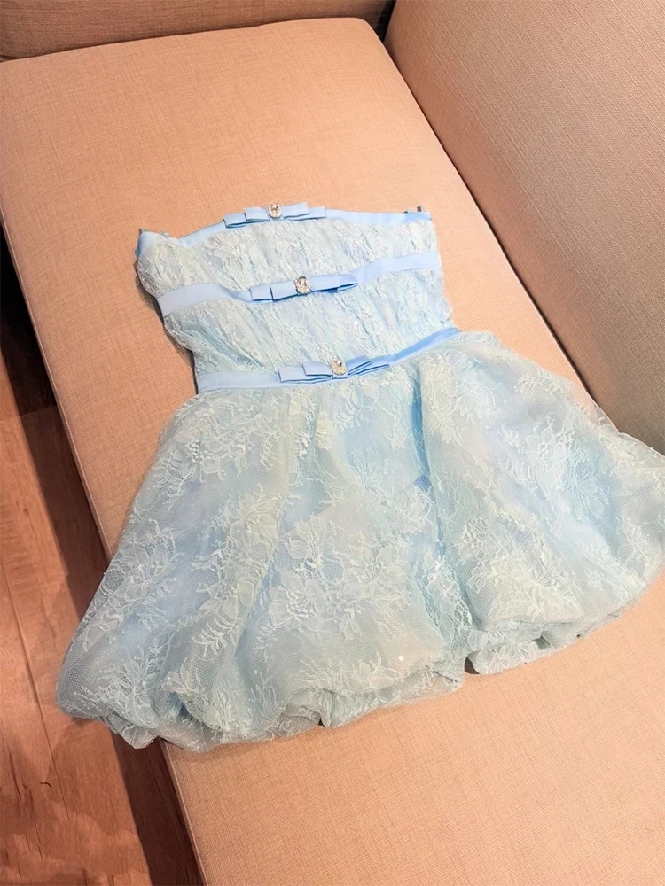 

Korean Style High Waist Short A-Line Dress Women's Lace Bustier Gown Knot Decoration Waist-Cinching Dress