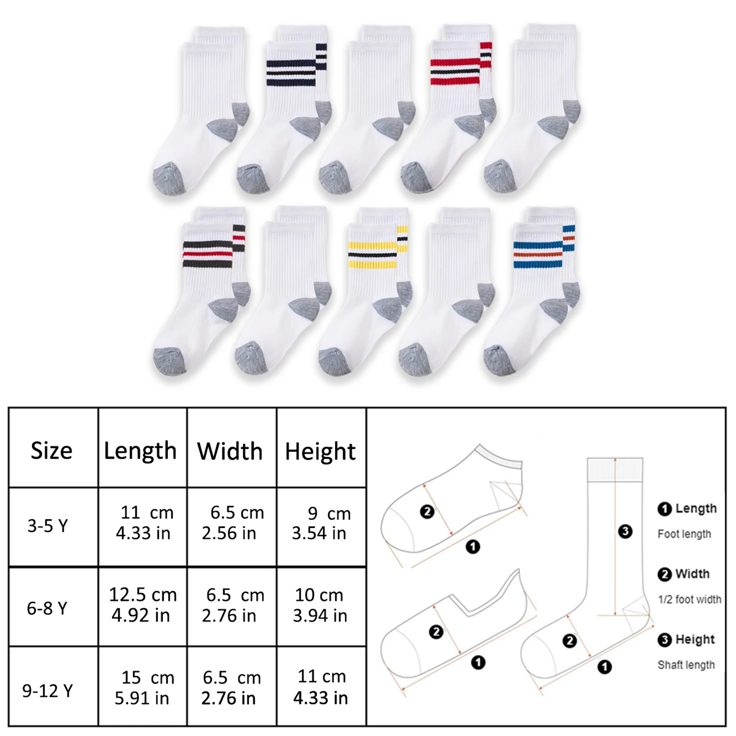10 Pares de Calcetines Deportivos para Niños, Diseño Clásico a Rayas y con Bloques de Color, Ideales para Estudiantes para Regresar a la Escuela