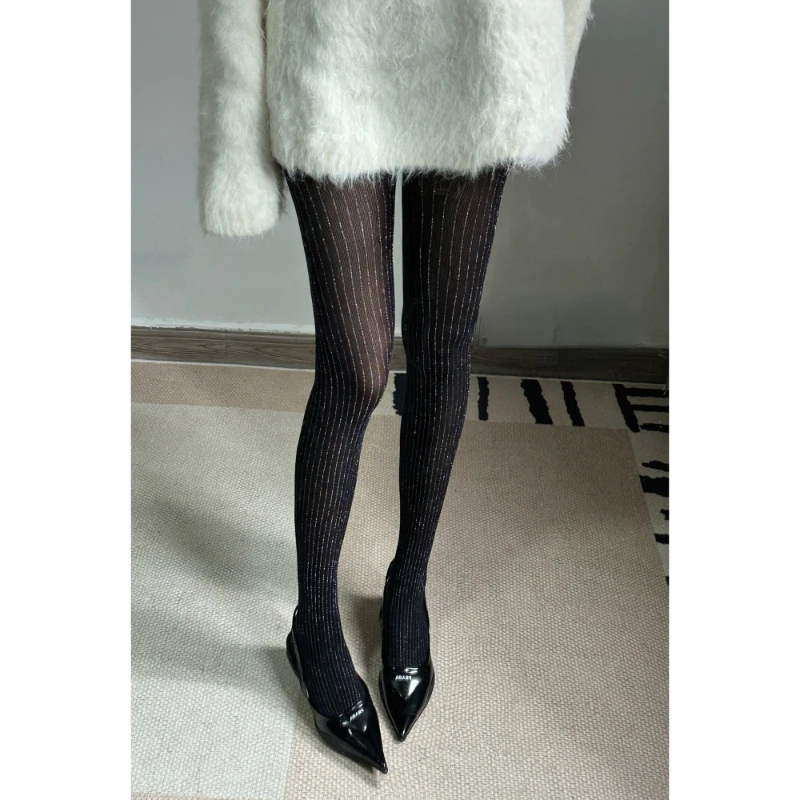 

Retro Personalized Minority Black Vertical Pattern Bright Line Flash Thin Stockings Leggings Pantyhose