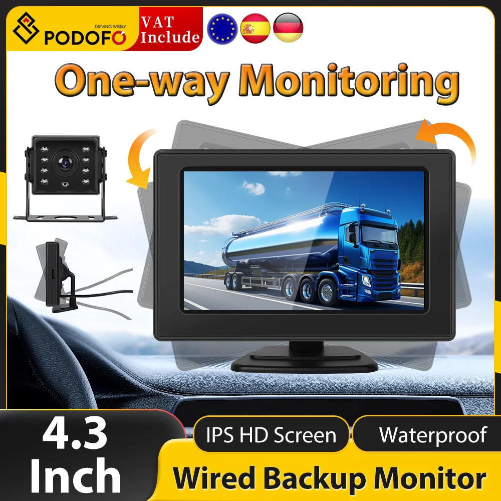 Podofo 4.3-inch IPS HD Screen Universal Wired Reverse Camera Anti-interference Long Range IP68 Waterproof Infrared Night Vision