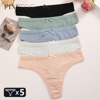 5Pcs Cotton Bow Tie Ribbed Underwear for Women Sexy Striped Panties Low Waist Soild Thongs Female Stretchy T-back Lingerie M-3XL
