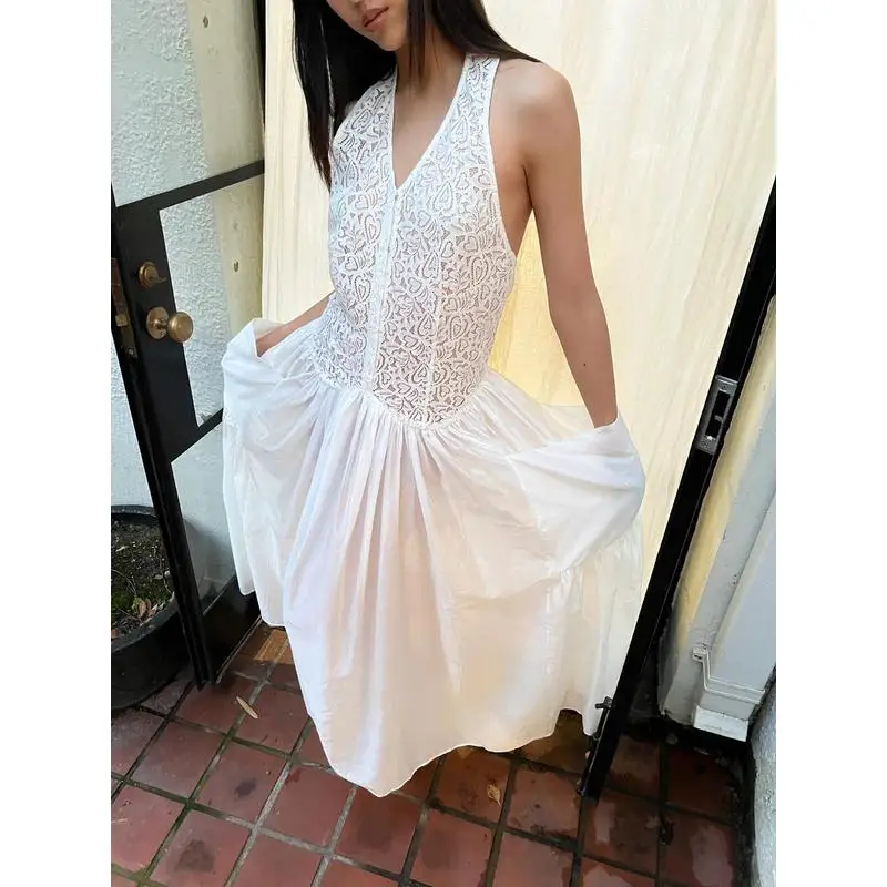 

2024 New Lace Splicing Hollow out Neline Dr White Long Skirt Ele Summer Women's Clothing A-Line Wedding Dr