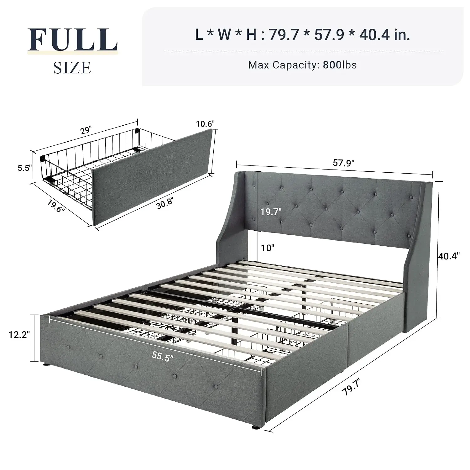 Full Size Upholstered Bed Frame with 4 Storage Drawers & Wingback Tufted Headboard No Box Spring Light Grey, Customized
