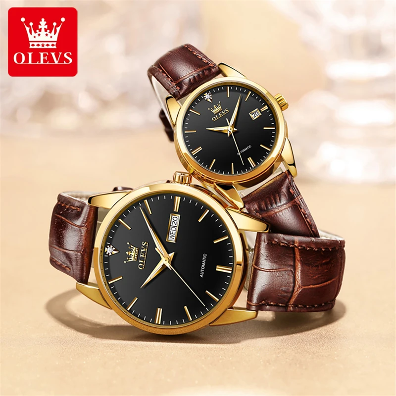 Olevs Merk Luxe Automatische Koppels Horloge Voor Mannen Vrouwen Mode Lederen Waterdichte Mechanische Horloges Casual Paar Klok