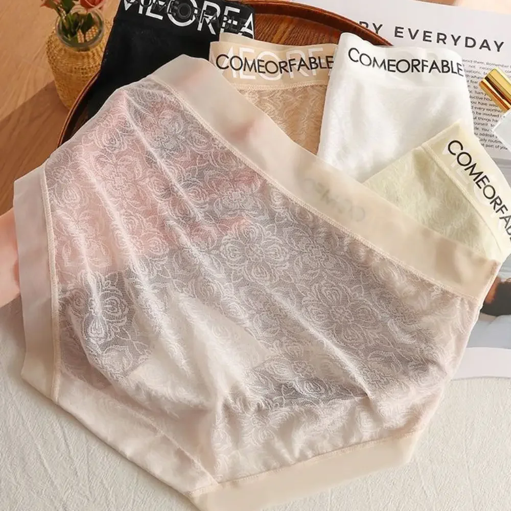 

4Pcs Ultra-thin Lace Flower Briefs Transparent Mid Waist Mesh Seamless Panties Underpants Cotton Crotch Underwear for Women Lady