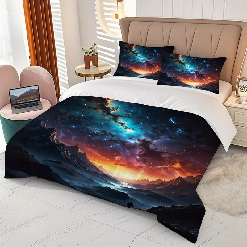 Duvet Cover Set 3 Piece Galaxy Sunrise Starry Sky Print Pattern Duvet Cover Set Ultra Soft Brushed Bedding for Bedroom Hotel Dormitory