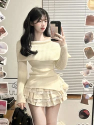 2023 Autumn Slim Sexy Sweater + Cute Y2k Mini Cake Skirt Lace Lolita Kawaii Clothing Party Fashion Knitted Suit Woman Design