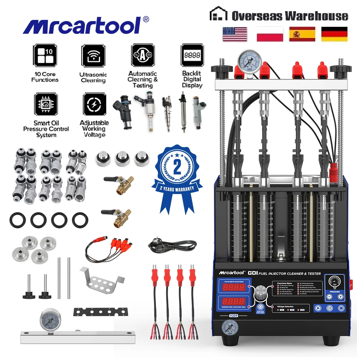 MR CARTOOL V209 GDI EFI FEI Piezoelectric Fuel Injector Cleaner Tester Machine 4 Cylinders 12V/70V/120V Ultrasonic for Vehicles
