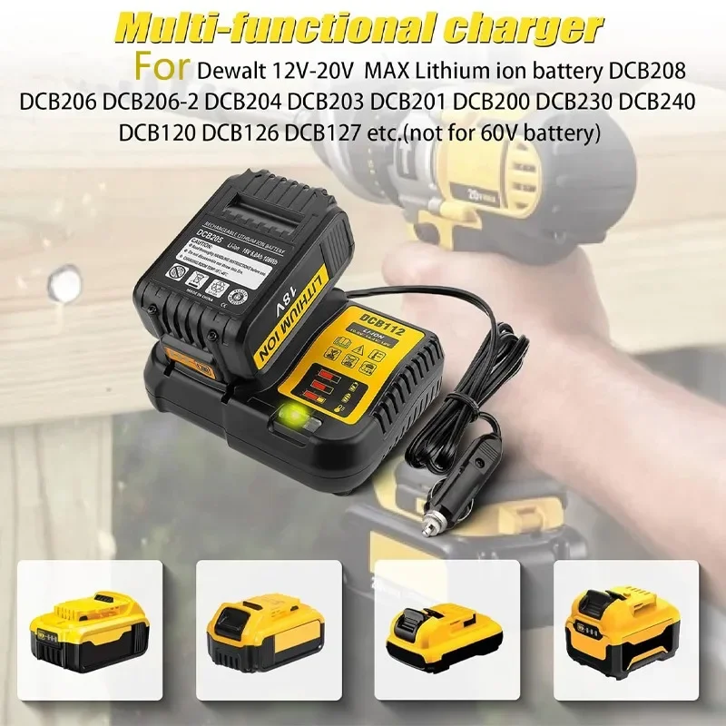 

DCB112 Car Charger for DeWalt 12V/20V Lithium Battery Cigarette Lighter Plug with LED Indicator DCB206 DCB120 Car Charger