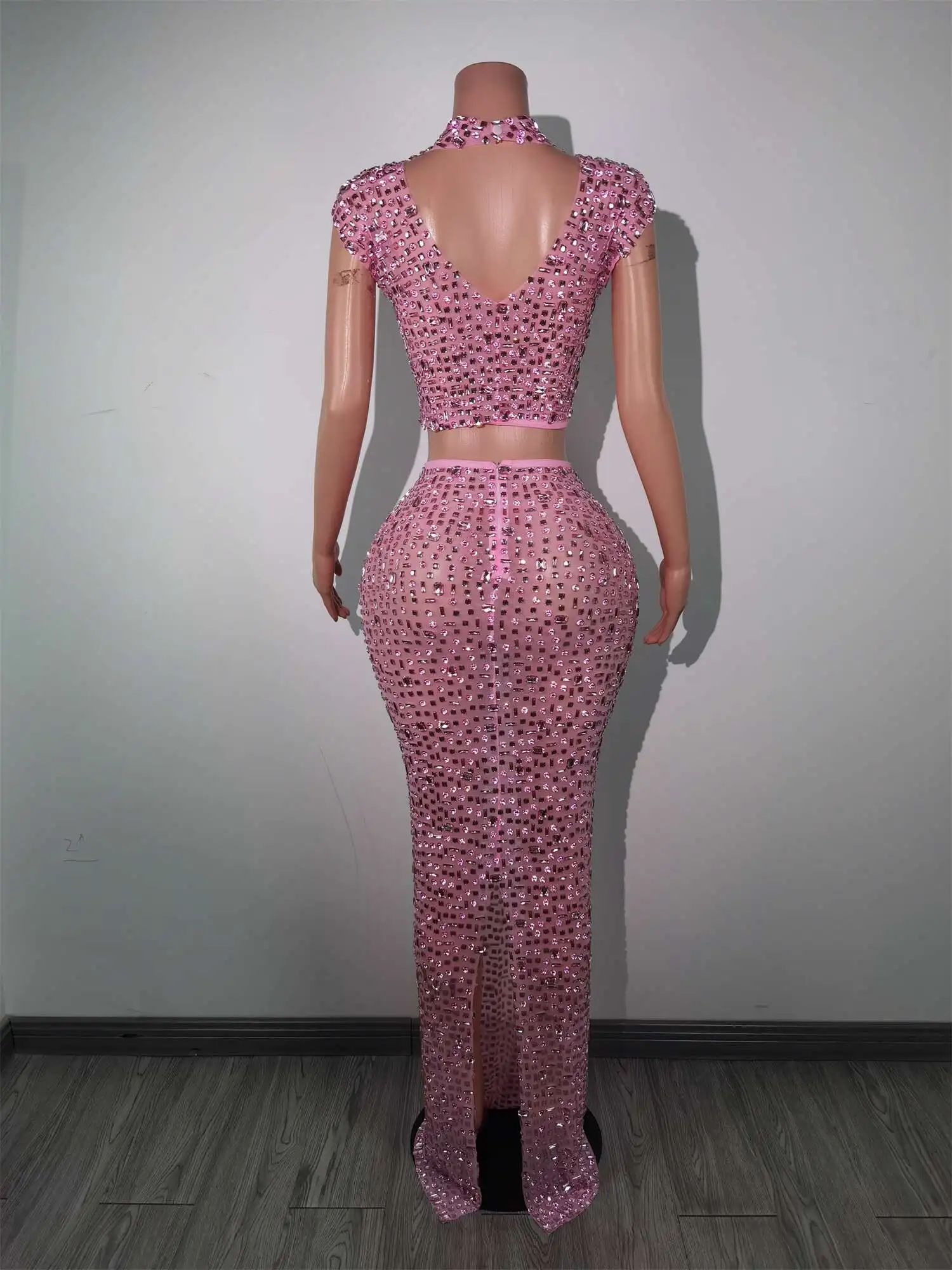 Sexy Rhinestone Tank Vest Top Bodycon Long Skirts 2 Piece Sets Women Festival Outfit Night Club Dress Party Costume Evening Gown