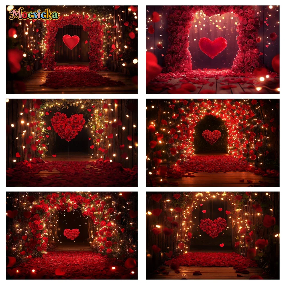 Mocsicka February 14 Valentine's Day Photography Backgrounds Flower Petal Hallway Red Heart Holiday Adult Photo Backdrops Studio