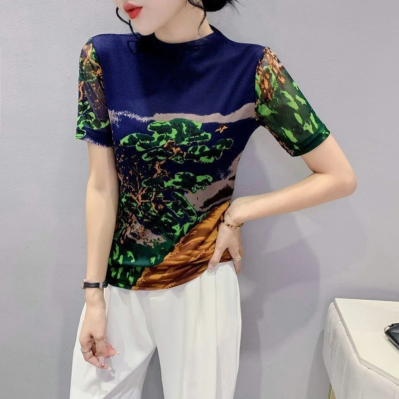 Summer Fashion O Neck Fashion Printing Pullover Top Women Short Sleeve Slim Casual Vintage T-shirt Ladies Harajuku Y2K Mesh Tee