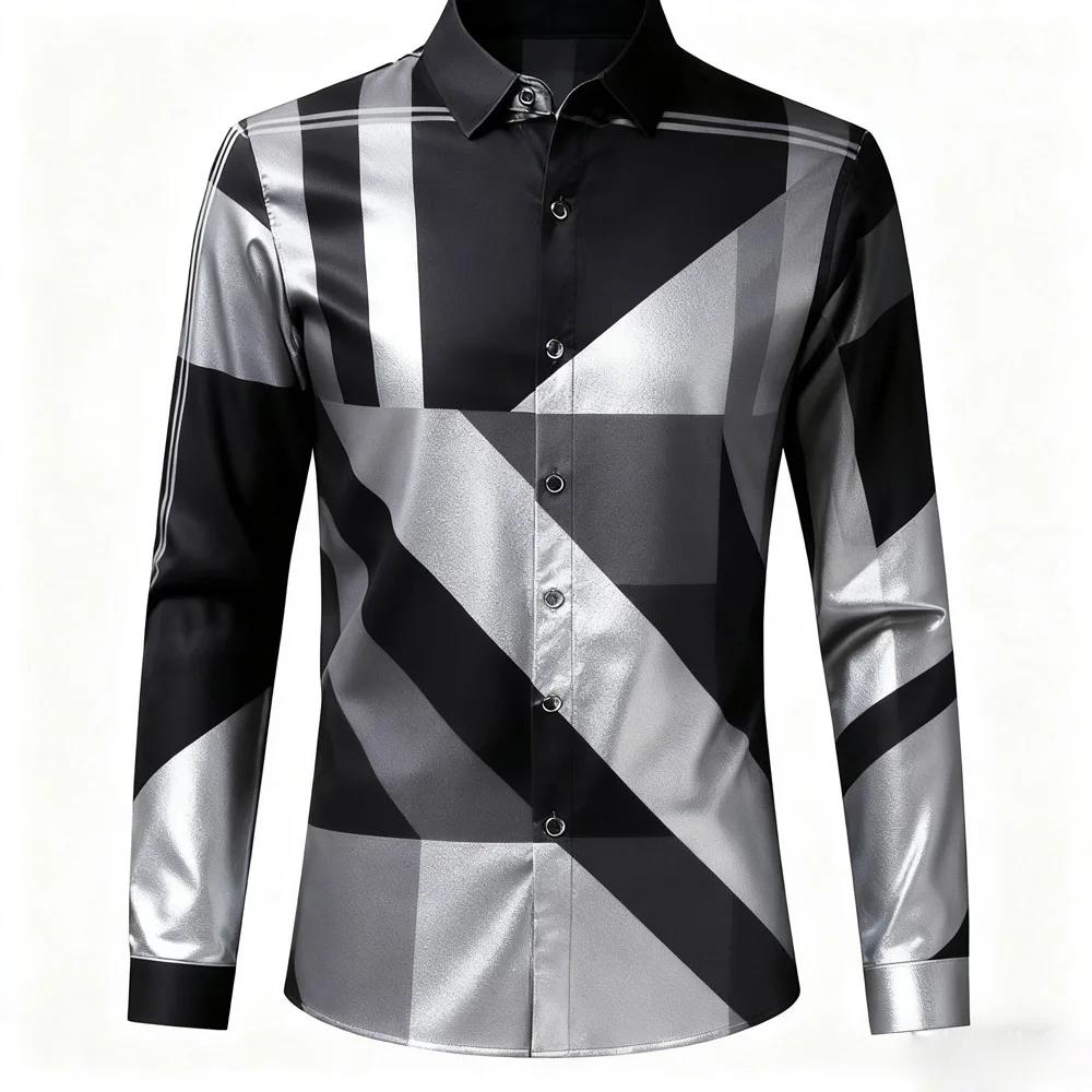 Men's New Striped Diamond Checkered 3D Printed Shirt Men's Home Party Business Company Party Long-sleeved Lapel Outer Top Men