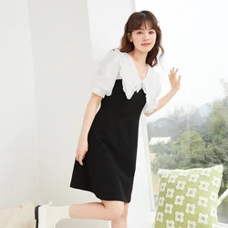 Semir Dress Women Stitching Contrast Color Lapel Puff Sleeves 2022 Summer New Black And White Short Dresses Light Familiar Style