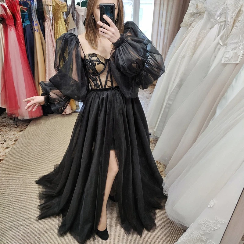 Vinho vermelho preto vestido para mulheres sexy puff manga moda a linha frente dividir festa de noite vestidos formais 2026