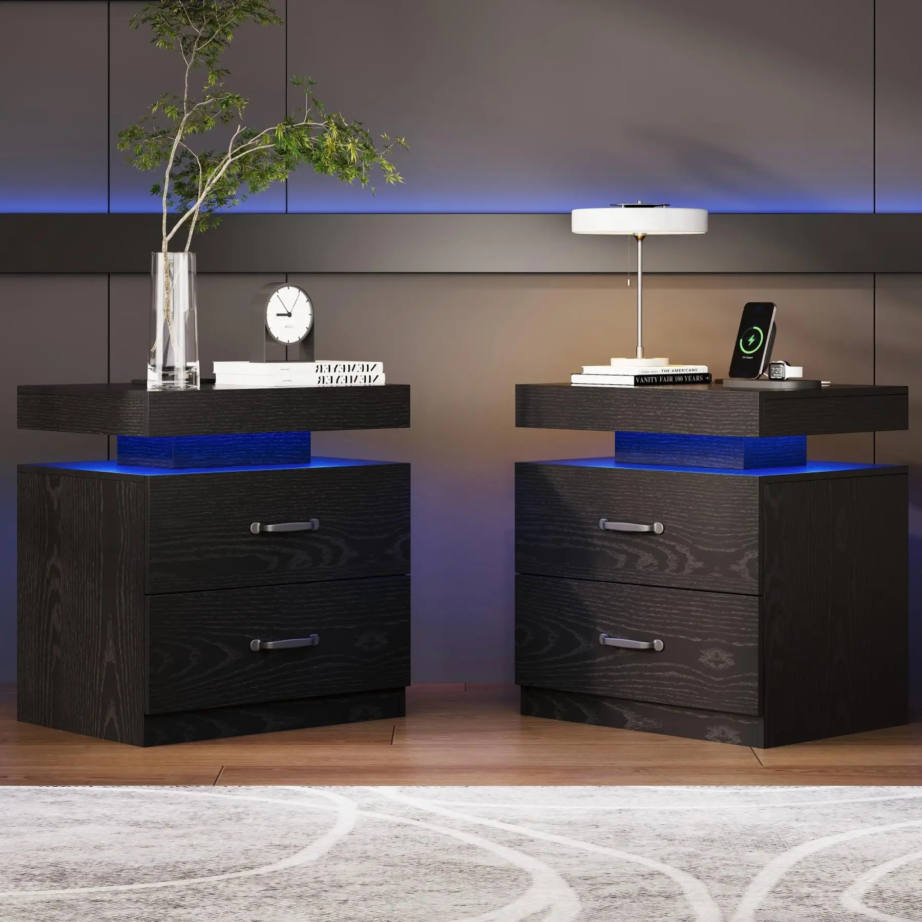 Black Nightstand with Charging Station, Night Stand Set of 2 with LED Lights, Modern End Table Bedside Table with 2