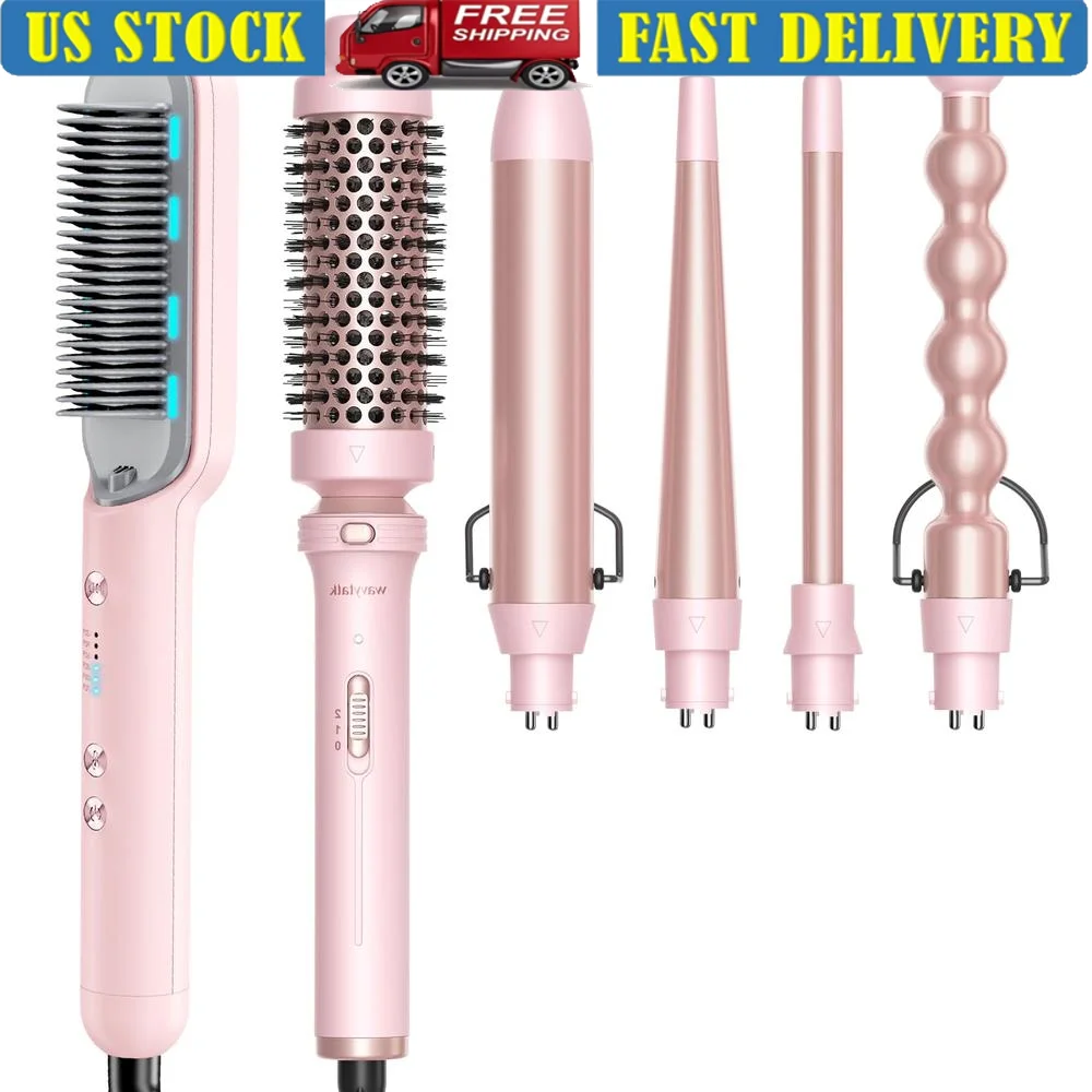 Professional 5-in-1 Curling Wand and Hair Straightening Brush Advanced Ceramic Technology with Negative Ions Healthy Voluminous