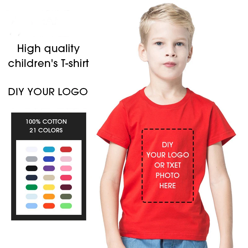 Customized LOGO Children\'s Round Neck New Temperament Summer T-shirt 21 Colors 100 % Cotton Boys And Girls Short-sleeved