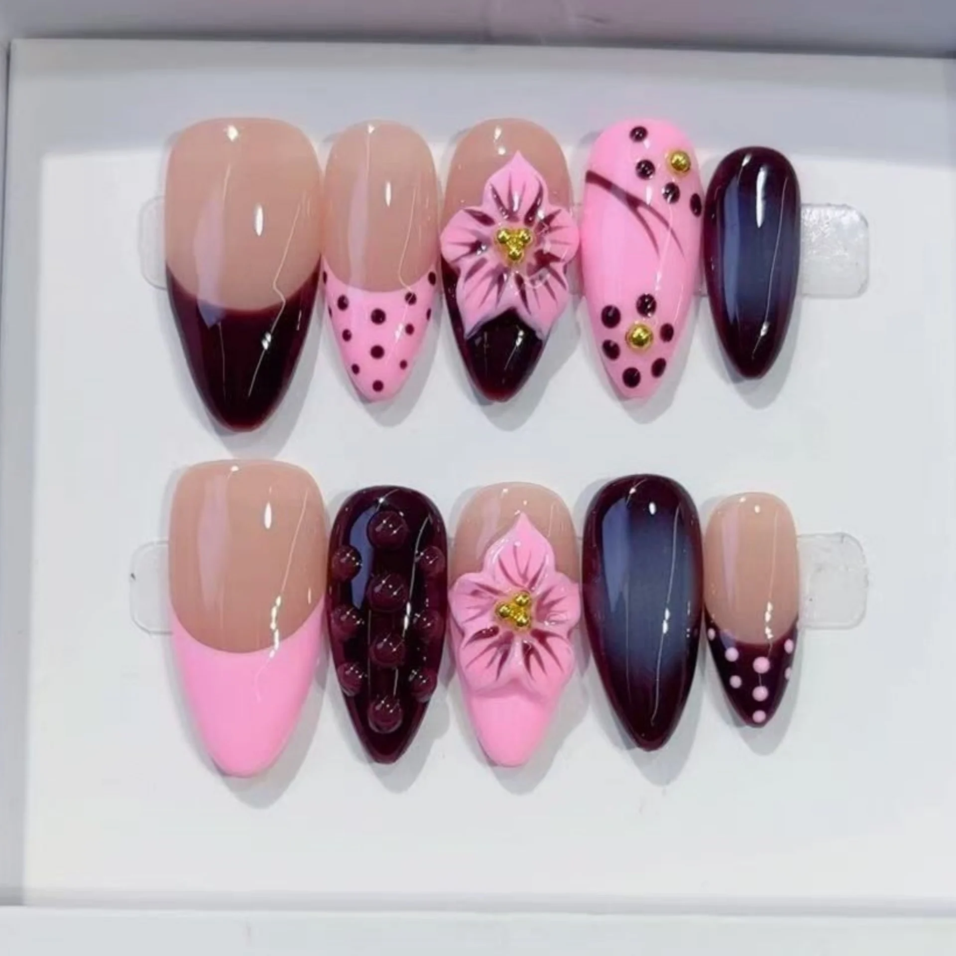 

10pcs French Handmade False Nail Art with Flower Design Pink Mid-length Almond Nails Tips Reusable Polka Dot Press on Fake Nails