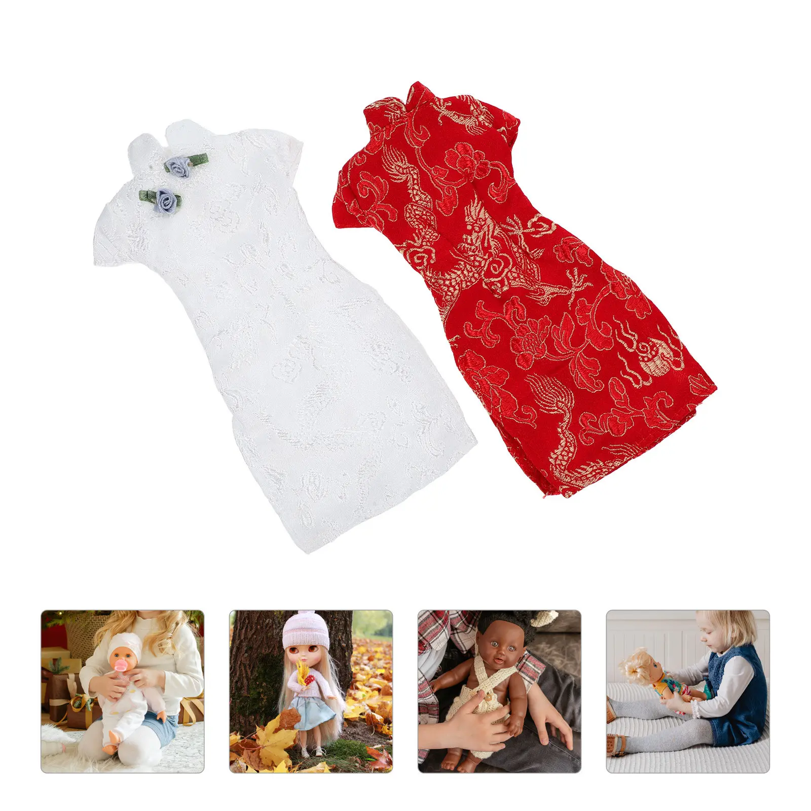 

2Pcs Premium Cheongsam Costume for Display Silk Blend Material Pearl Button Detail Retro Mini Clothing