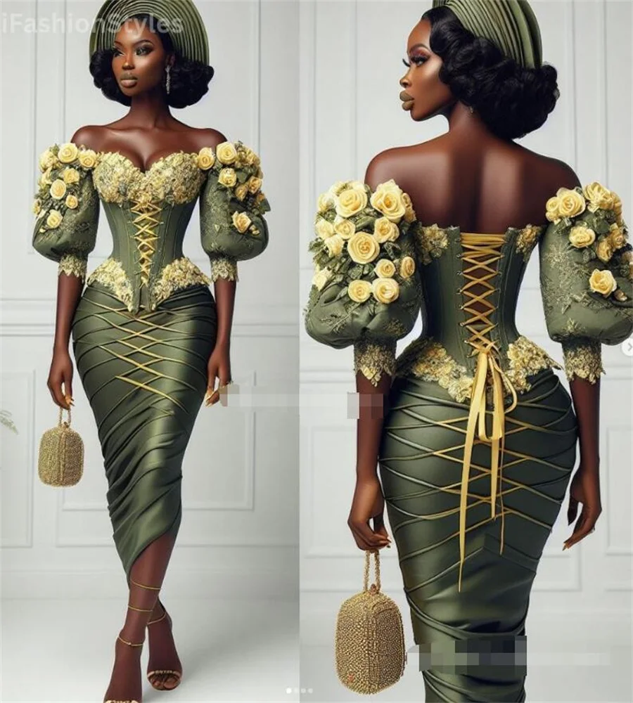 Olive Green Aso Ebi Prom Dresses With Yellow Rose Flowers Elegant Off Shoulders Short Sleeve Corset Black Girls African Evening