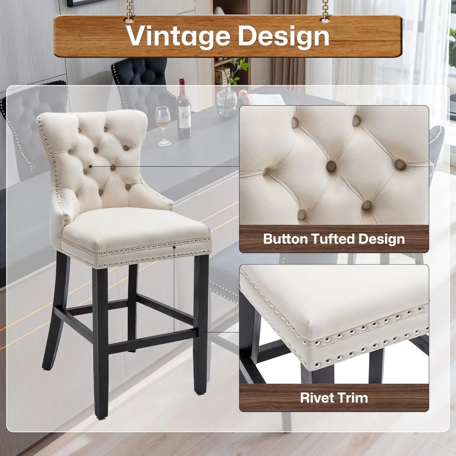 Bar Stools Set of 6 Velvet 26 Inch Seat Height Counter Height Barstools Button Tufted Backrest Rivet Trim Bar Chairs for Kitchen