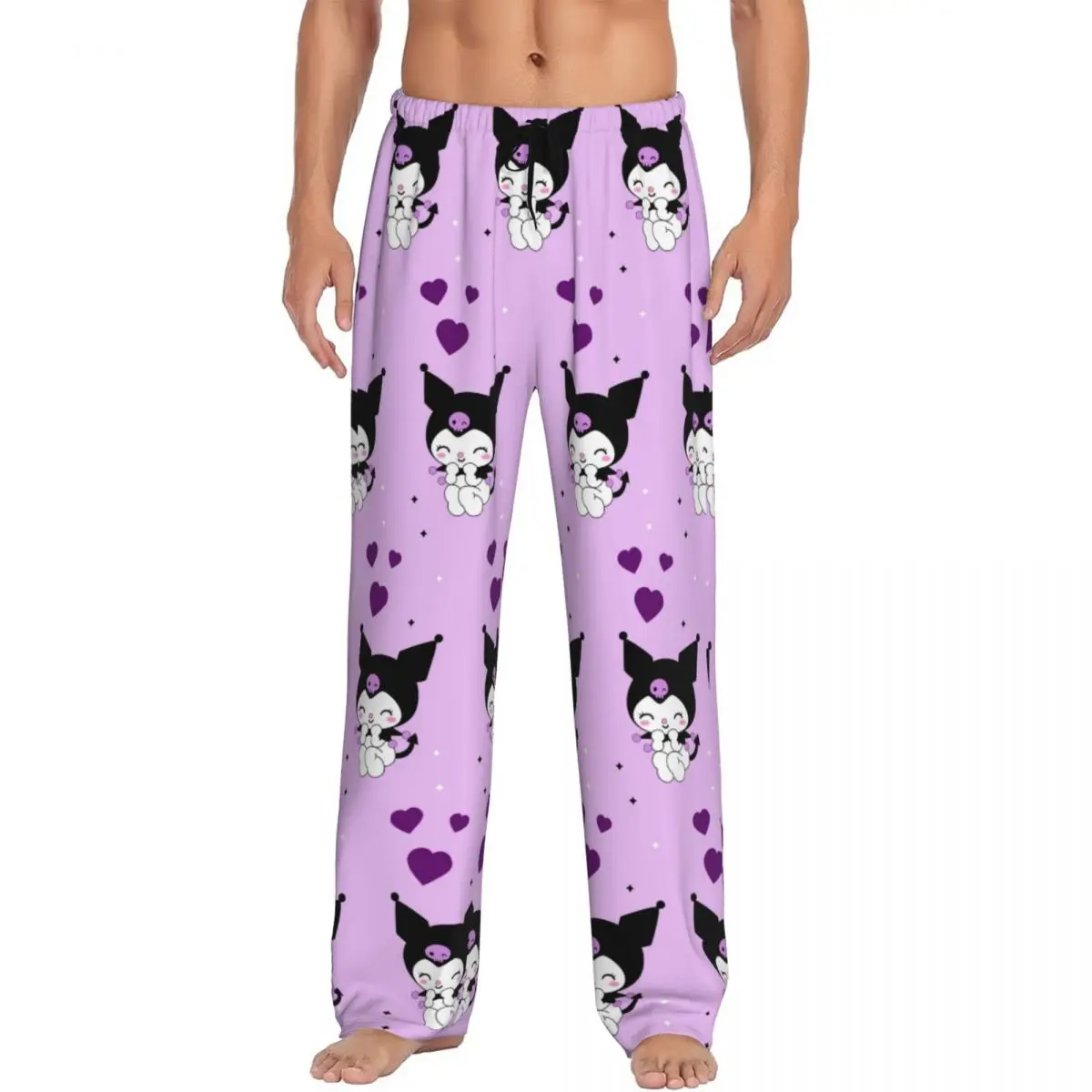 Pantalones de pijama Kuromi personalizados, ropa de dormir con cintura elástica para hombre, pantalones de salón para dormir Kawaii de dibujos animados con bolsillos