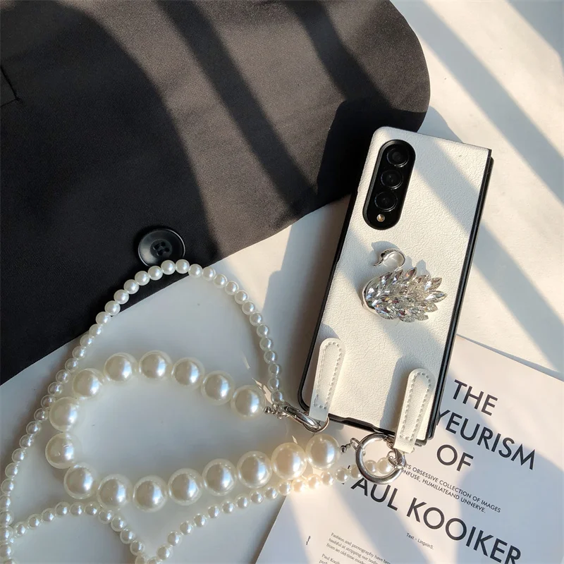 Luxury Rhinestone Swan PU Leather Phone Case For Samsung Galaxy Z Fold 5 4 3 2 Pearl Crossbody Necklace With Wrist Chain Cover