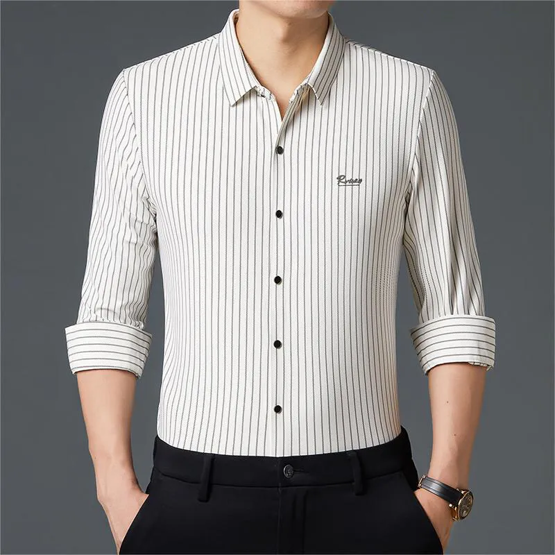 Camisas casuales elásticas para hombre Camisa de vestir a rayas de manga larga Camisas de trabajo de negocios sin arrugas Camisa de vacaciones