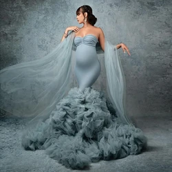 Puffy Ruffles Maternity Dress For Photoshoot Women Pregnant Gowns Lush Tulle Robe Bathrobes Blue Sweetheart Maxi Dresses Shawl