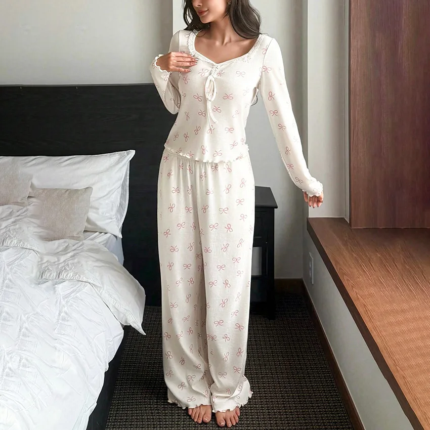 

Hiloc повседневные женские пижамы с бантом и принтом, костюм из 2 предметов, кружевной топ с v-образным вырезом и длинными рукавами, вязаные брюки с рюшами, осень-зима, новинка 2025 г.