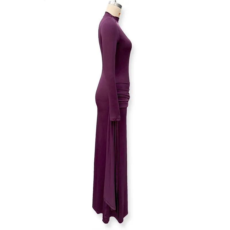 Patchwork Gerafftes Bandkleid für Damen Sexy Rollkragen Elegantes Hochgeschnittenes Abendkleid mit Langen Ärmeln – Detail 5