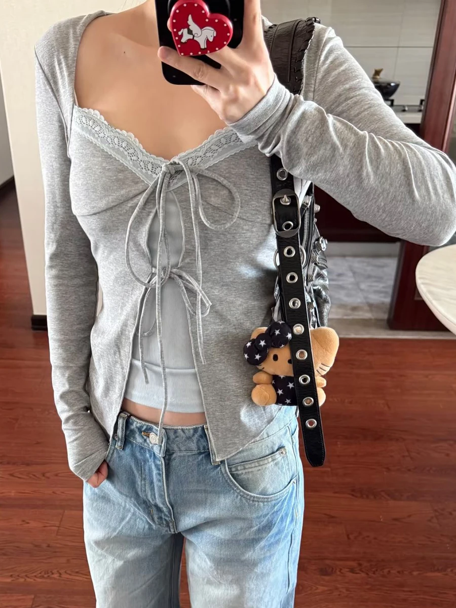 Patchwork Fake Two Pieces Long Sleeve T-shirt Woman Autumn Lace Trim V-neck Lace-up Slim Crop Top Sweet Cute Preppy Style Tees