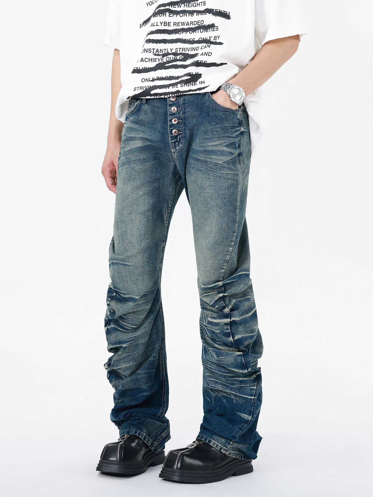 

Мужские джинсы-клеш в американском ретро-стиле с волнообразным узором и эффектом потертости, повседневные, прямого кроя, свободные, полной длины