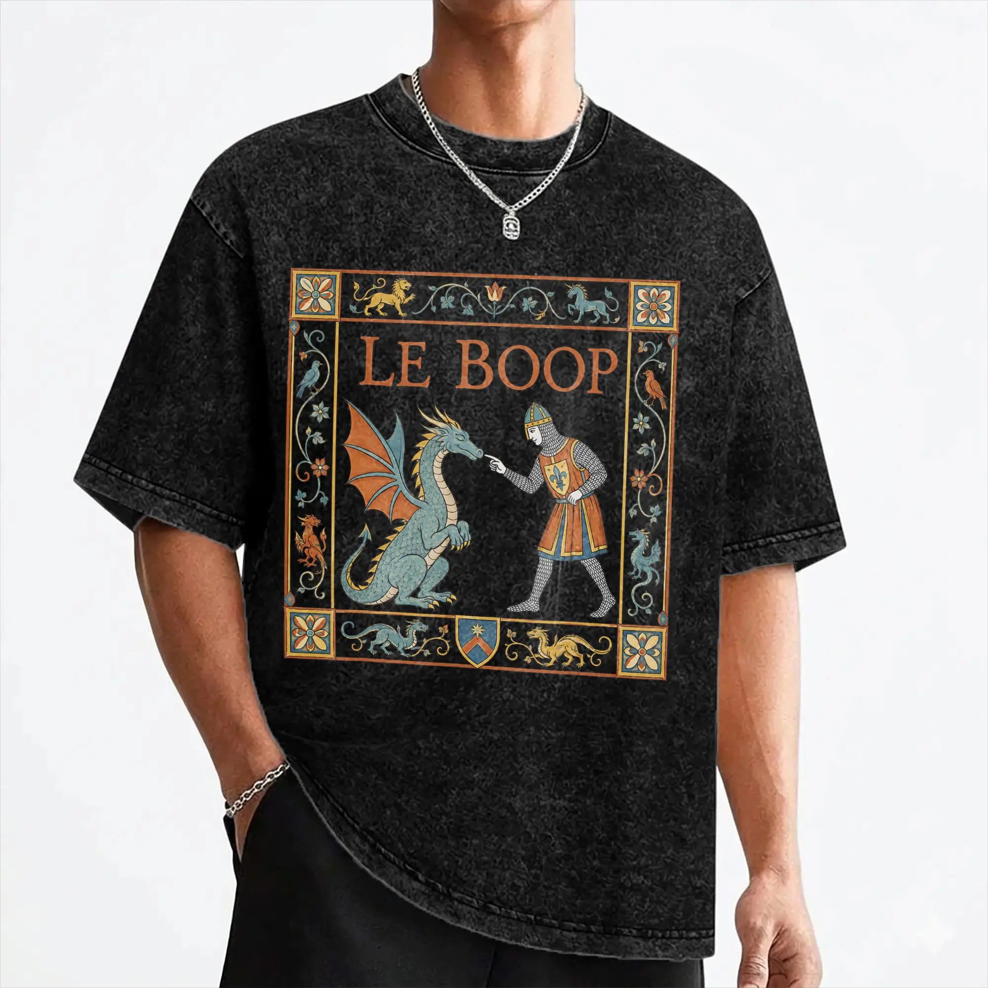 Le Boop Medieval Knight Dragon T Shirt Washed 100% Cotton Oversize T-Shirt  Novelty for Men Women Streetwear Summer Tees