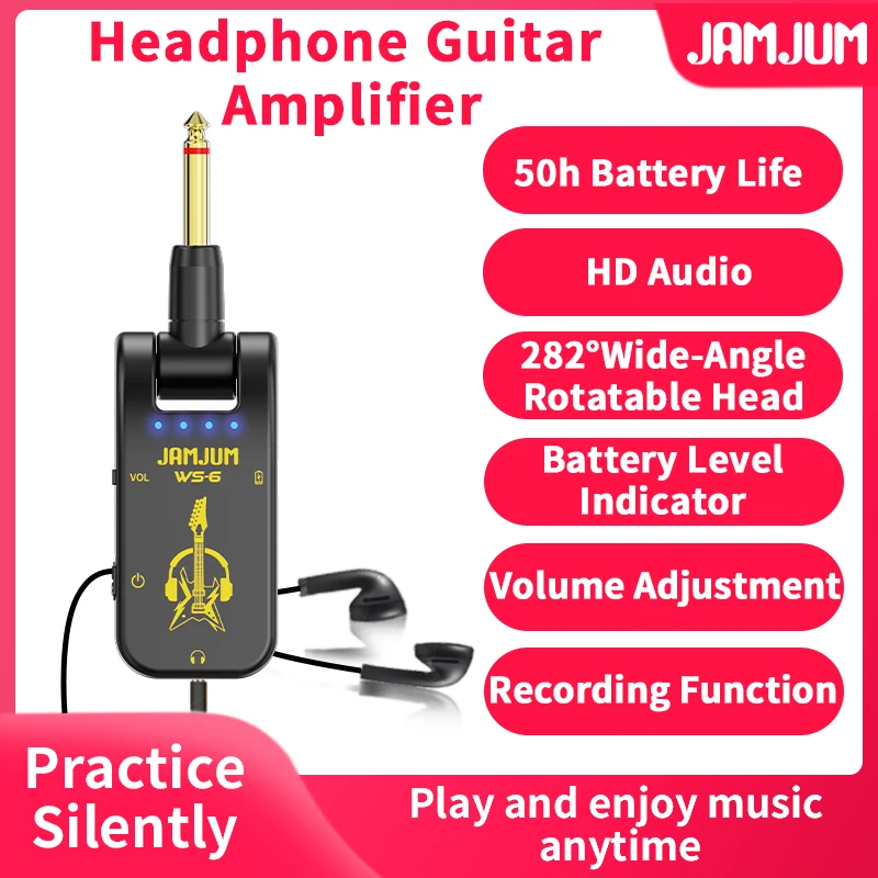 JAMJUM WS-6 Headphone Guitar Amplifier with Battery Level Display, Volume Adjustment, RecordingFunction,and High-Fidelity Sound