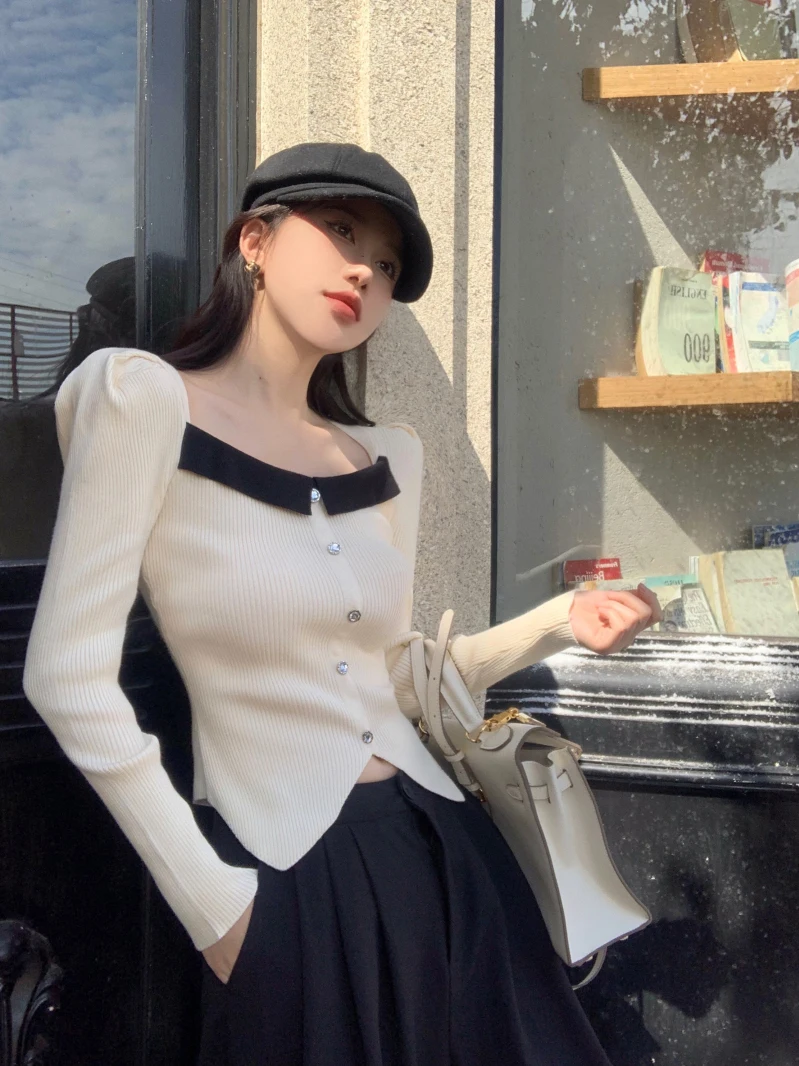 

Французский вязаный базовый свитер irt, женский внутренний свитер с квадратным воротником, нестандартный свитер, осенне-зимний модный топ