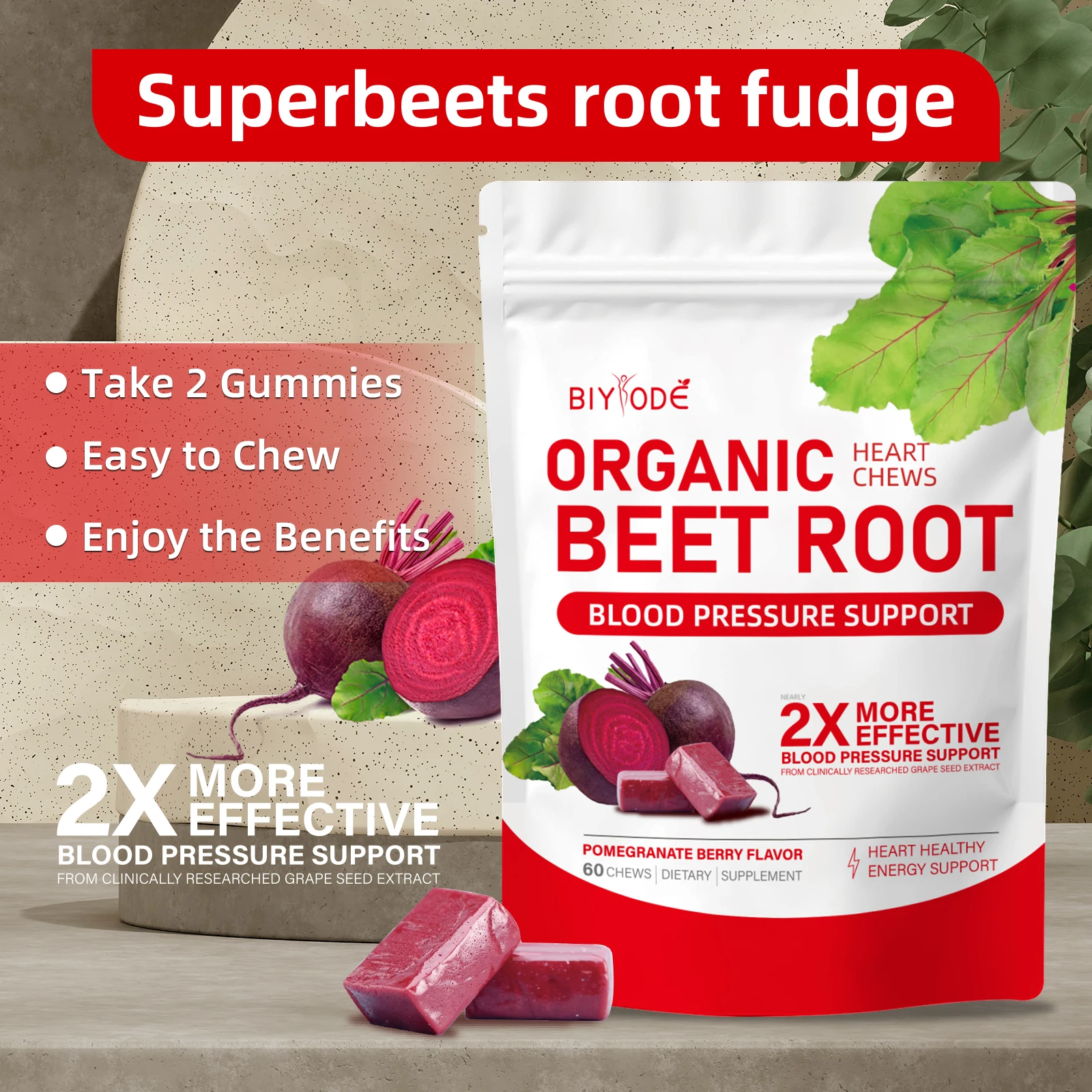 

BIYODE Superbeets Heart Chews Pomegranate Berry Flavor Beet Root Powder Energy Supplement for All