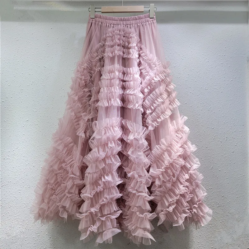 

Mesh Ruffles Long Skirts A-line Spring Summer Solid Korean Fashion Chic Women Skirt Elegant Vintage Jupe Femme