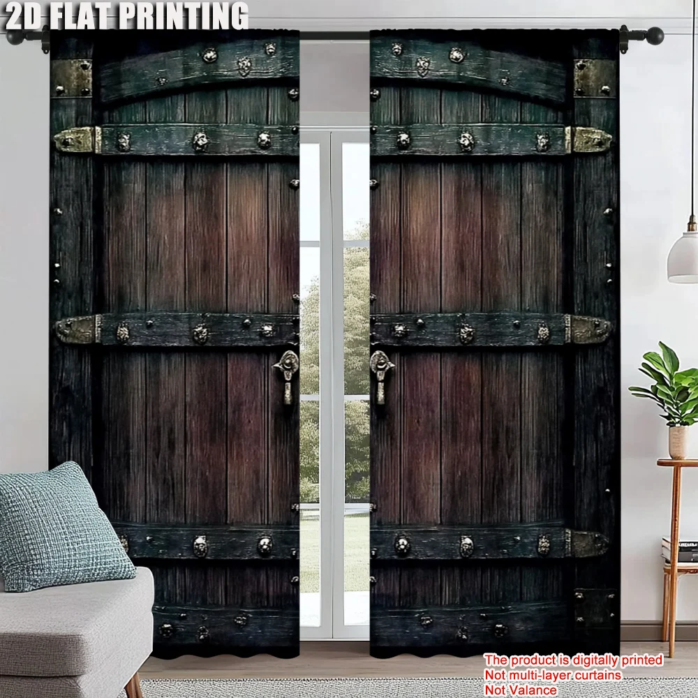 

2Pcs Retro Wooden Door Pattern Curtains Digital Printed Decorative Window Drapes For Living Room Bedroom Privacy Protection And