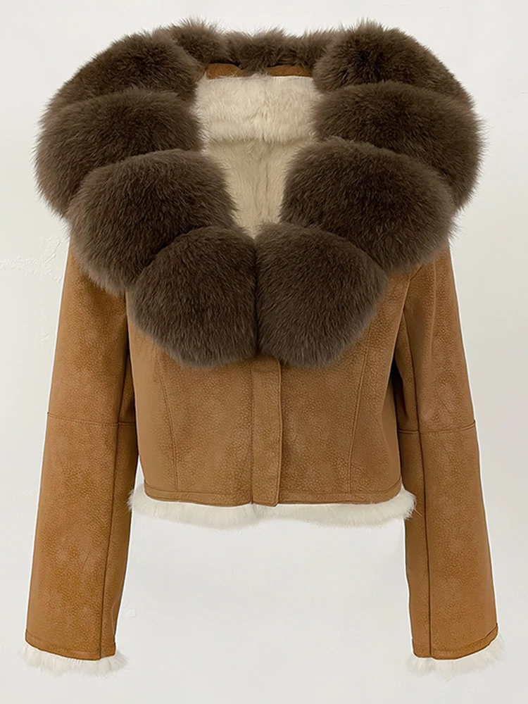 Nowa Jesienno-Zimowa Odzież Futrzana Prawdziwe Futro Królika Podszewka Kurtka Zamszowa Modna Krótka Naturalna Kołnierz z Futra Lisa Płaszcz Damski