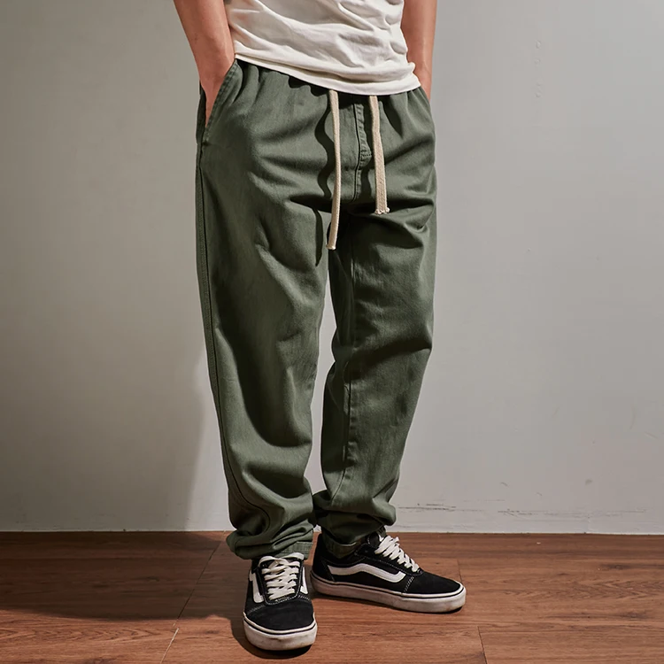 Spring New Japanese Retro Twill Woven Casual Straight Pants Men\'s 100% Cotton Washed Elastic Waist Drawstring Loose Trousers