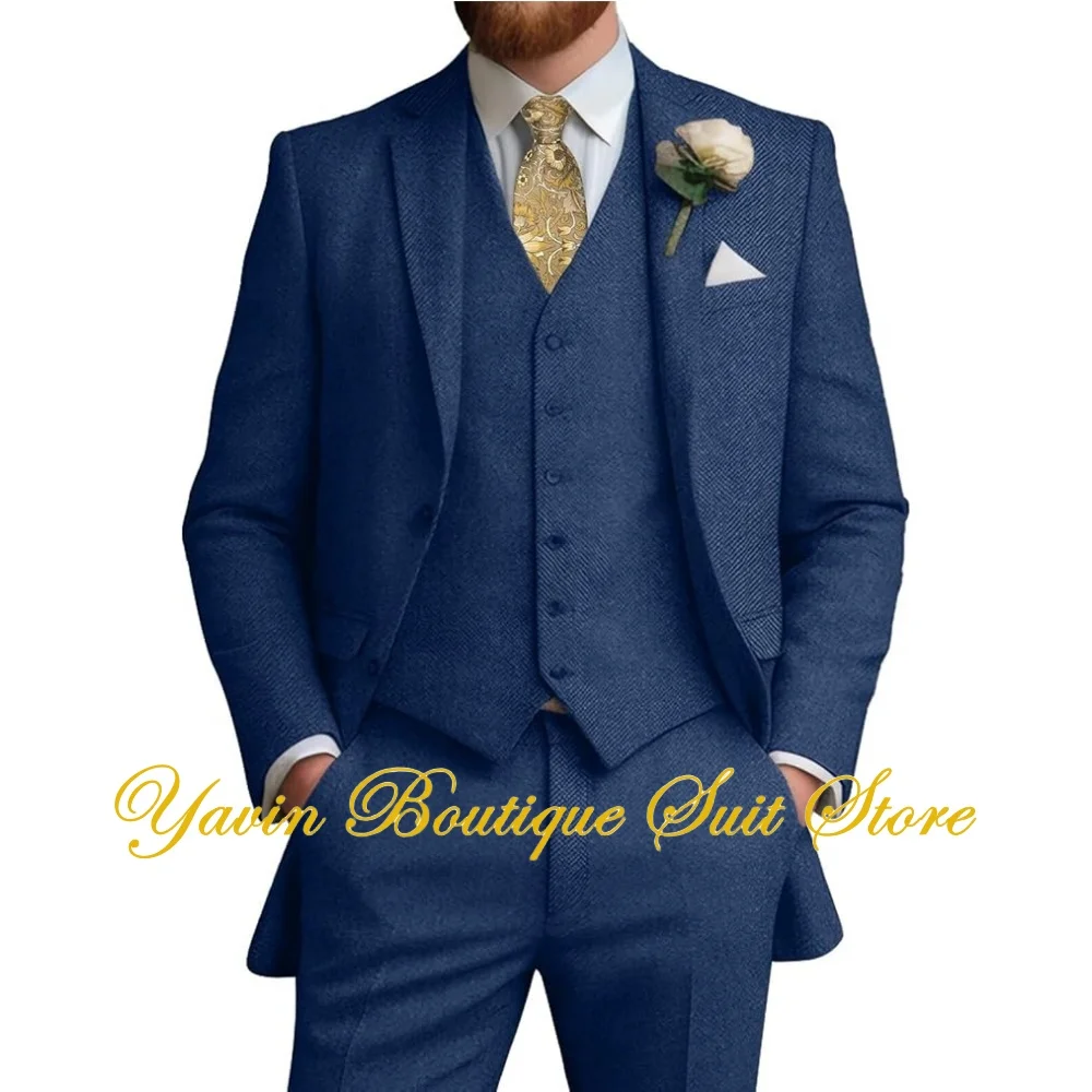 

Formal Tweed Men's Suits 3 Pieces Slim Fit Wedding Suit Grooms Prom Brown Wool Suit for Men Tuxedos Jacket Vest Pants Set