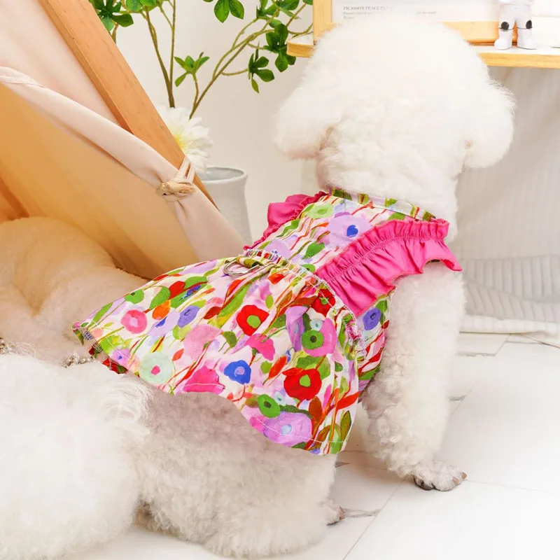 Floral Dog Dress D-Ring Sling Pet Dog Clothes Summer Yellow Rose Girls Party Dresses For Small Dogs Yorkie Puppy Skirt Apparel L