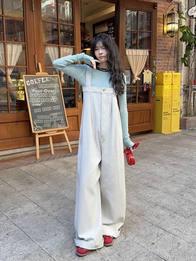 เอี๊ยมยีนส์สไตล์อเมริกันย้อนยุคสำหรับผู้หญิง ฤดูใบไม้ผลิ ฤดูใบไม้ร่วง ดีไซน์เกาหลี ทรงหลวม ช่วยให้ดูผอม ทรงตรง ยาวคลุมเท้า แบบชิ้นเดียว