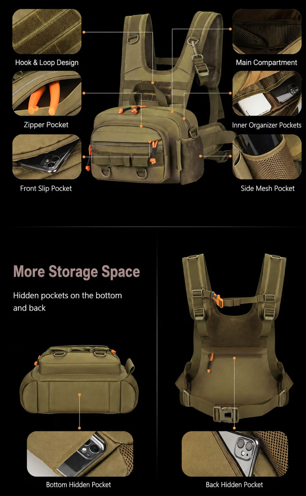 Multifunktionale Angeltasche für den Außenbereich, taktische Brusttasche mit Rutenhalter, große Kapazität, Angelzubehör-Aufbewahrungsrucksack – Detail 3