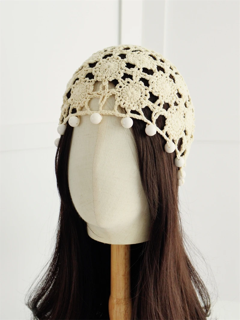Zheng Duo Jin Women's Thin Beaded Knitted Hat Hollow out Head Wrap Retro Vacation Style Spring Autumn Cotton round Top