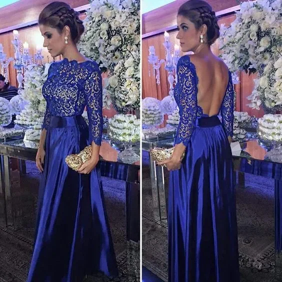 

Royal Blue Long Sleeve Elegant Formal Evening Dresses Open Back Bateau Lace Sash Ribbon Satin Prom Dress Long Party Dress